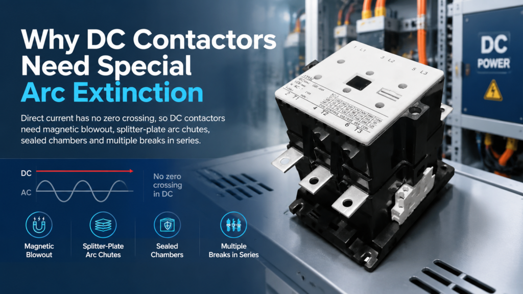 DC contactor with magnetic blowout and splitter-plate arc chute, showing why DC needs special arc extinction