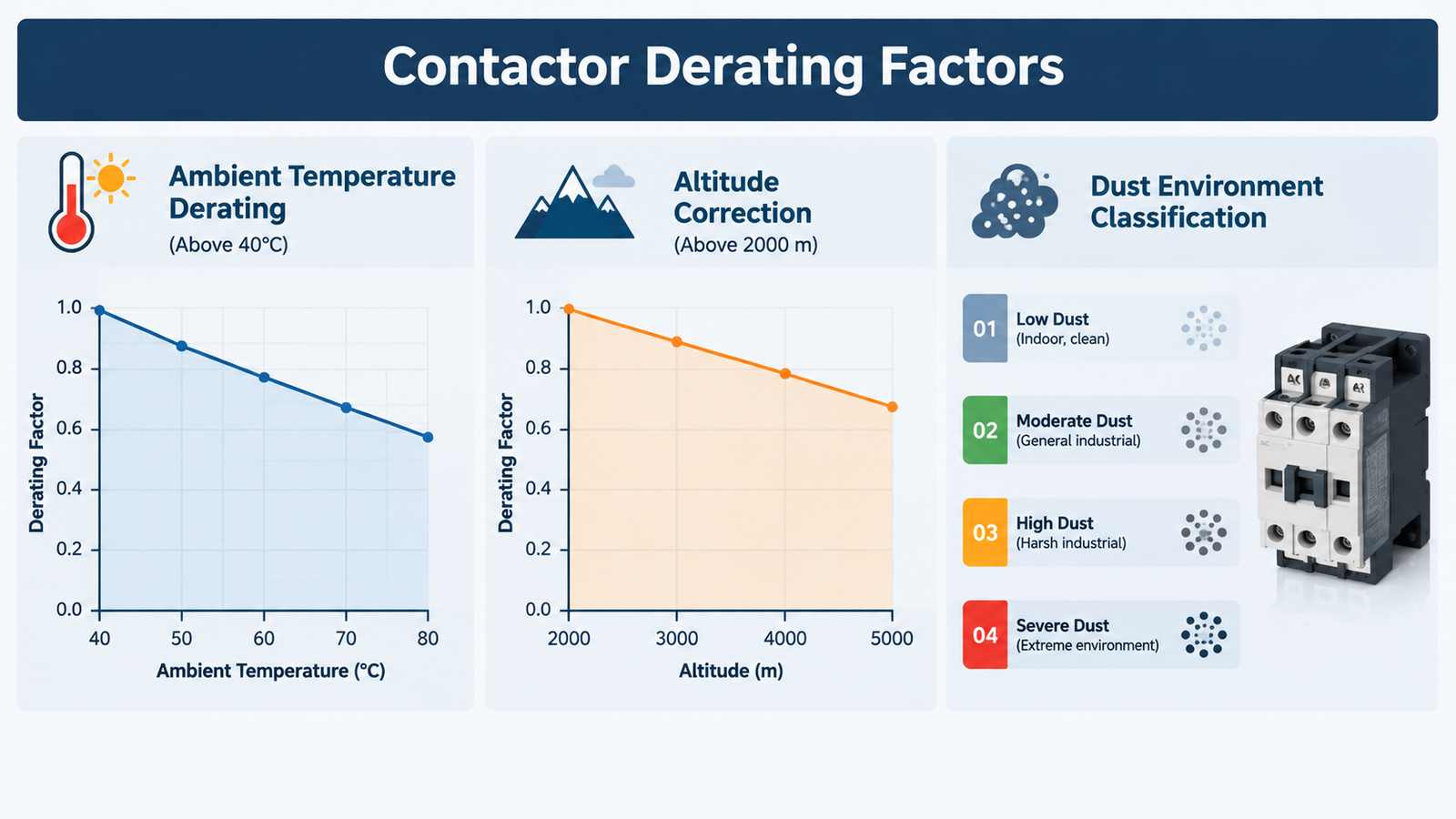 Contactor derating for temperature, altitude and dust infographic showing a CJX2 F-series contactor with three reduction factors: ambient above 40 C, altitude above 2000 m, and conducting dust environments