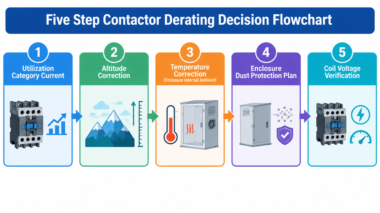 Five step contactor derating decision flowchart: confirm utilization category current, apply altitude correction, apply temperature correction using enclosure internal ambient, resolve enclosure and dust protection plan, then verify coil voltage margin at the terminals
