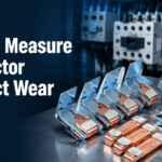 Contact sets and silver contact tips on a workbench in front of an AC contactor, measuring contactor contact wear