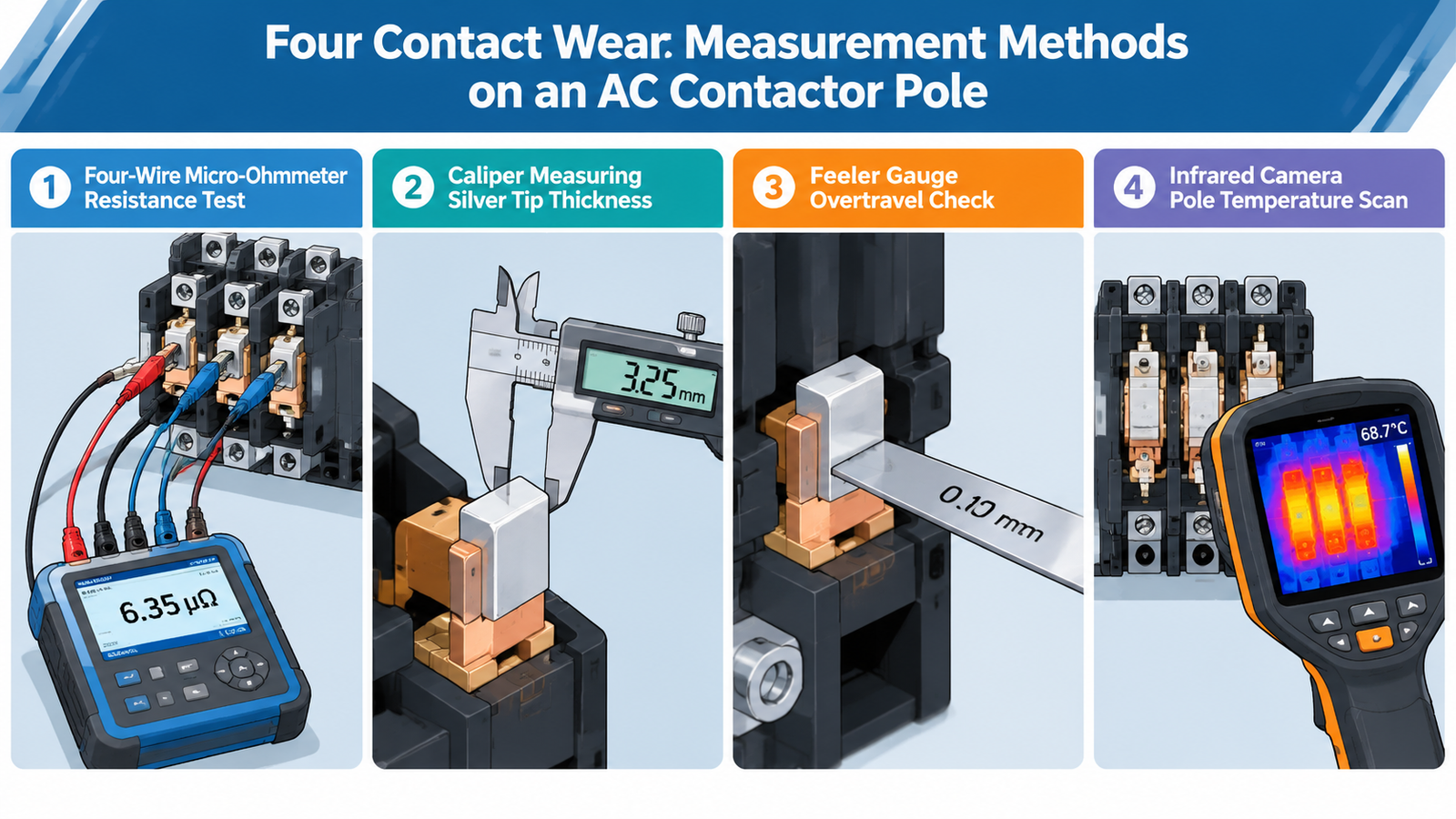 Four contact wear indicators on an AC contactor: four-wire micro-ohmmeter measuring contact resistance in micro-ohms, caliper measuring tip thickness, feeler gauge checking overtravel, and IR camera showing pole temperature comparison