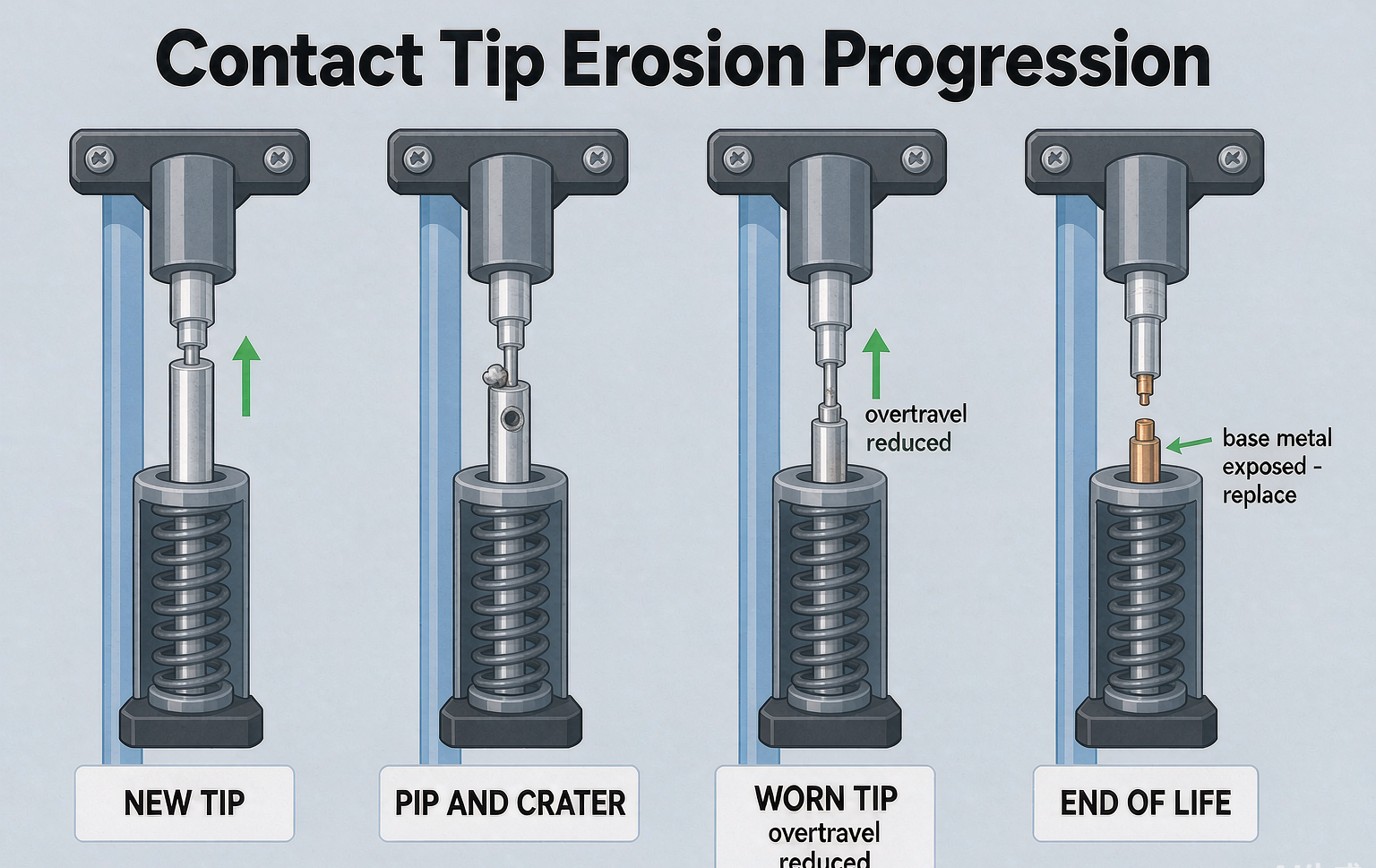 Diagram showing contact overtravel and tip erosion on a contactor pole: full-length silver tip with spring wipe, worn tip with reduced overtravel, and end-of-life tip with base metal exposed and zero wipe