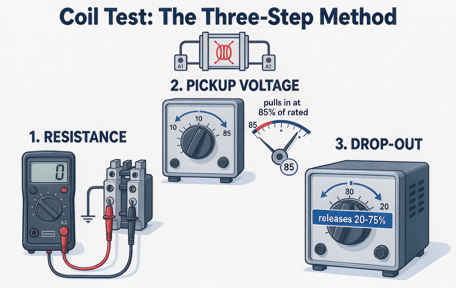 Contactor coil test setup showing a multimeter reading resistance across A1 and A2 coil terminals, and a bench power supply performing the 85 percent pickup and 20 to 75 percent drop-out voltage verification