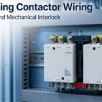 Two interlocked AC contactors mounted side by side on a DIN rail in a control cabinet for reversing duty