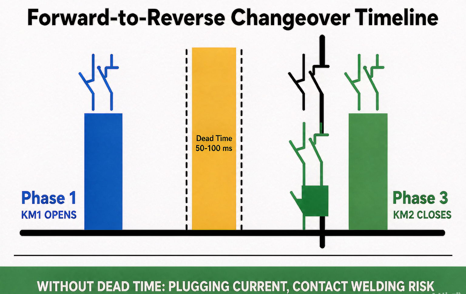 Forward to reverse changeover timeline showing the forward contactor opening, a 50 to 100 millisecond dead time, then the reverse contactor closing, with plugging current warning for immediate reversal without dead time