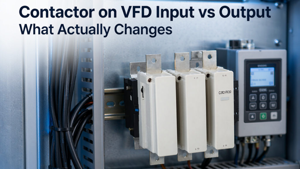 Large IEC contactor mounted in a drive control cabinet next to a variable frequency drive unit