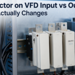 Large IEC contactor mounted in a drive control cabinet next to a variable frequency drive unit