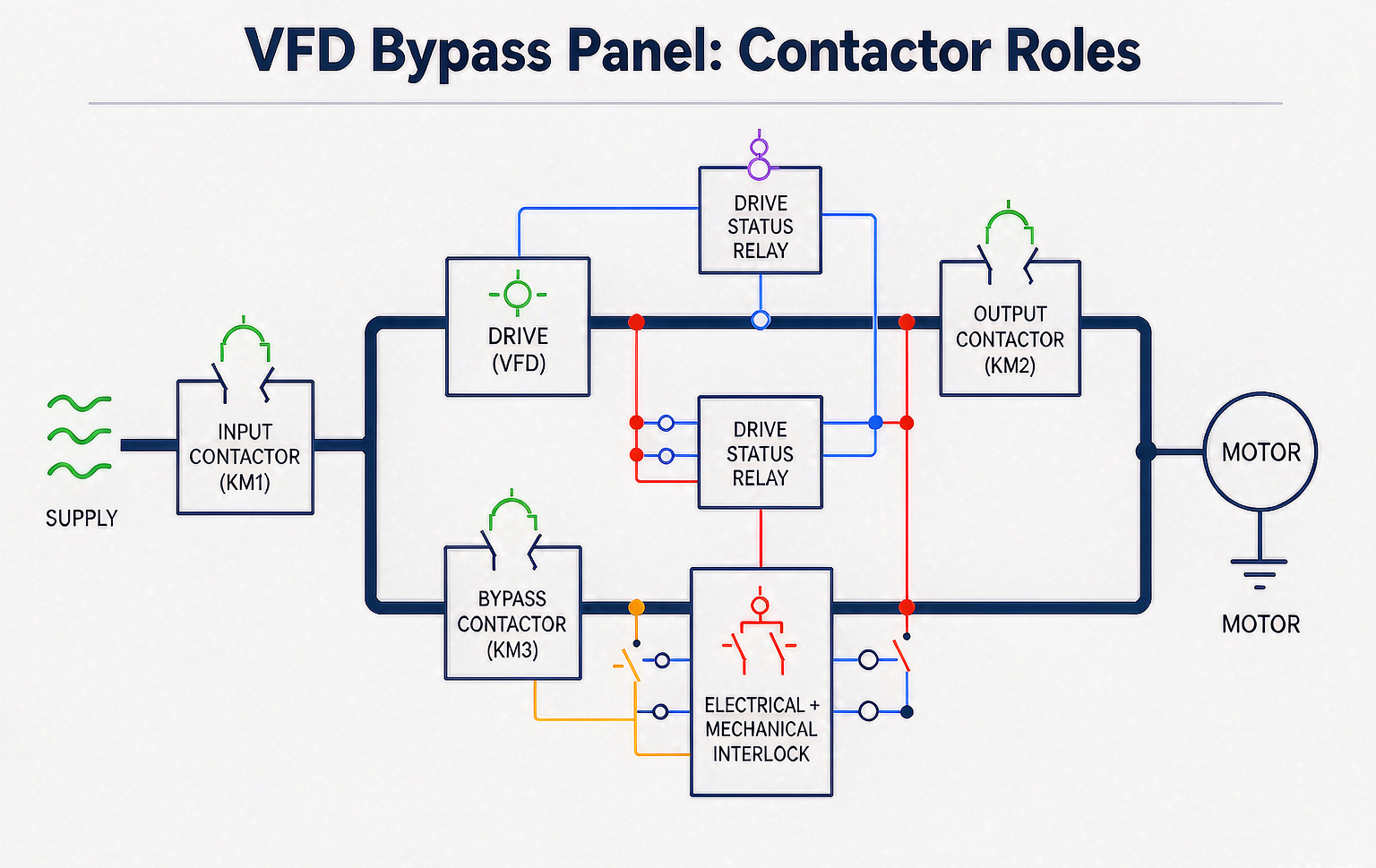 VFD bypass panel schematic showing drive input contactor, drive output contactor, bypass contactor feeding the motor directly, and the electrical and mechanical interlock between output and bypass paths gated by the drive status relay