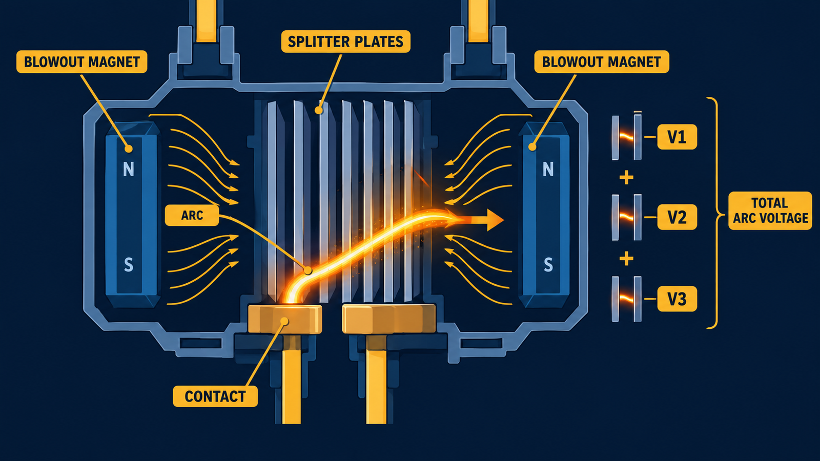 Cutaway diagram of a DC contactor arc chamber showing blowout magnets driving the arc into splitter plates where series arc voltages add up