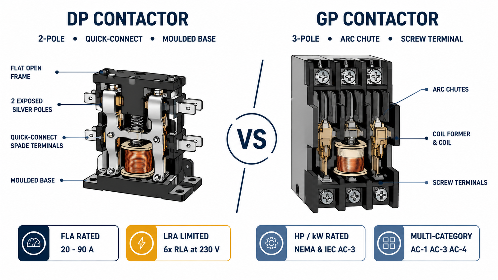 Construction comparison of a definite purpose contactor and a general purpose IEC contactor