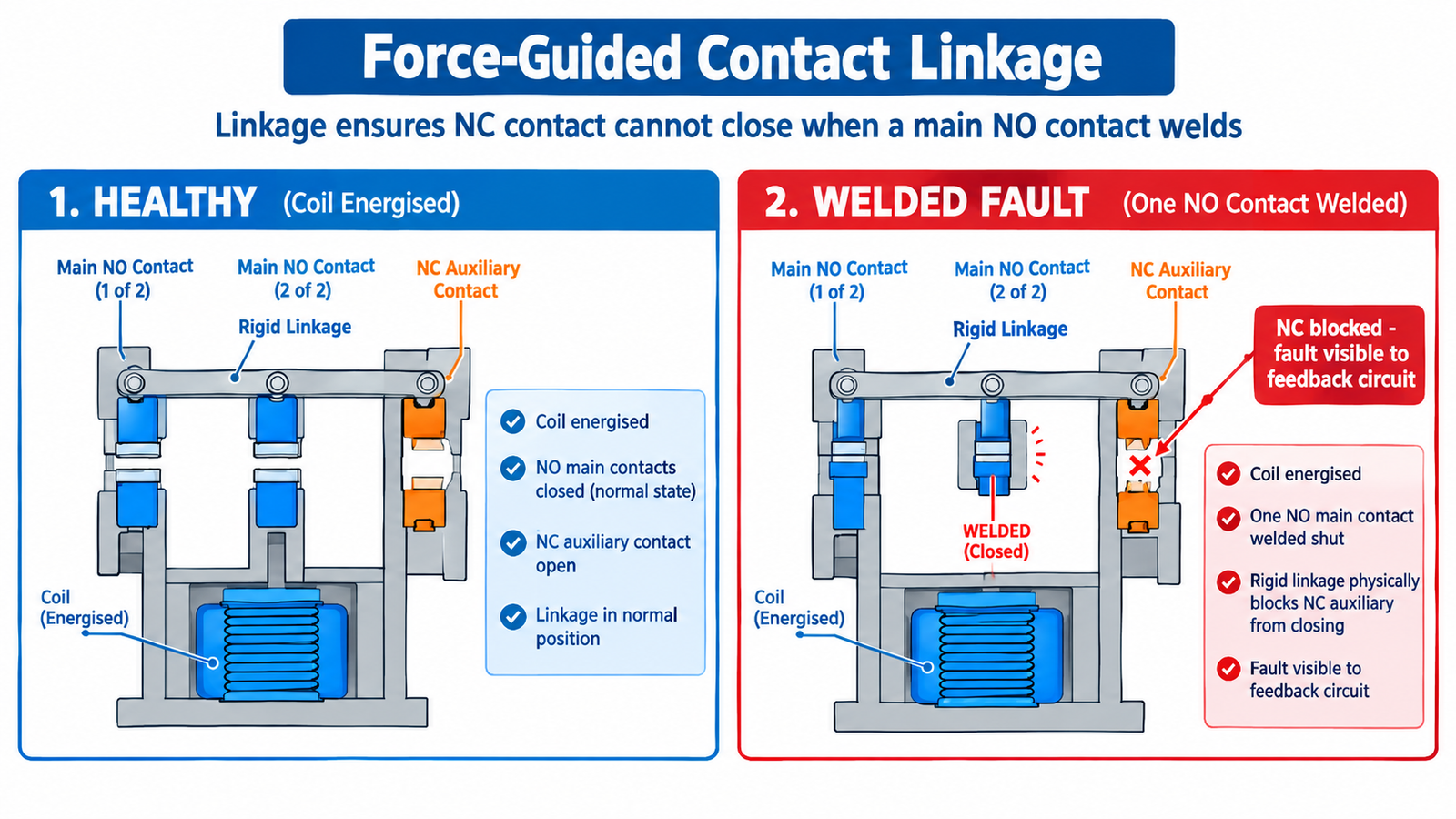 Force-guided contact linkage diagram showing the NC auxiliary contact being blocked when a main NO contact welds