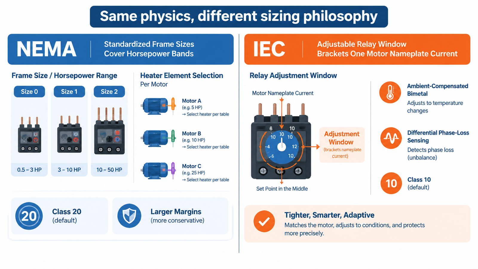 Comparison of NEMA frame-size sizing philosophy with heater selection against IEC adjustable-window relay sizing