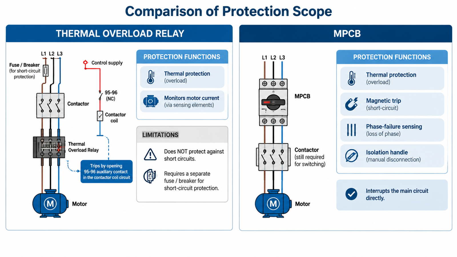 Protection scope comparison of a thermal overload relay and an MPCB showing trip paths and limitations