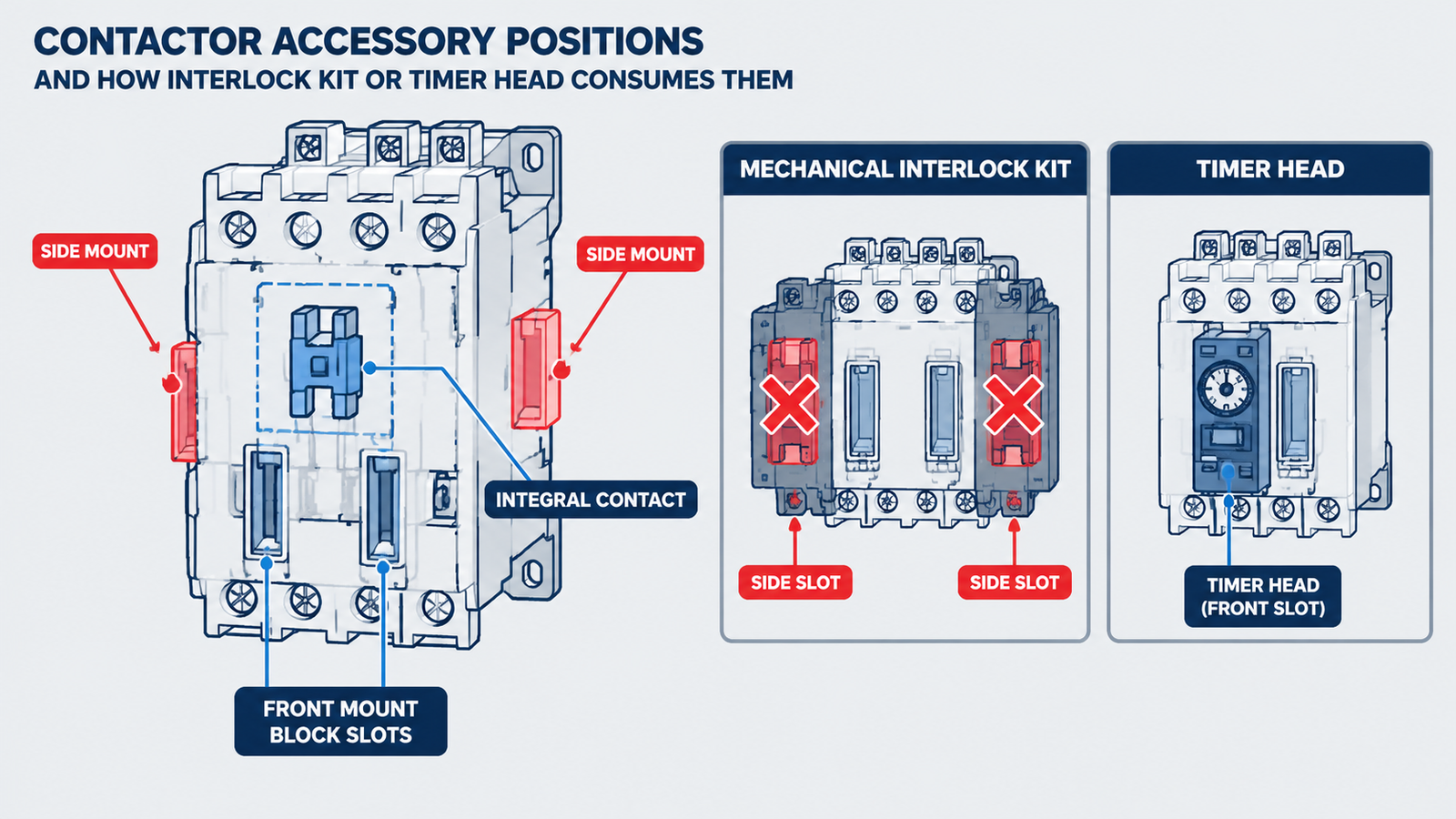 Diagram of contactor auxiliary accessory positions: integral contacts, front-mount blocks, side-mount blocks and how a mechanical interlock kit or timer head consumes those positions