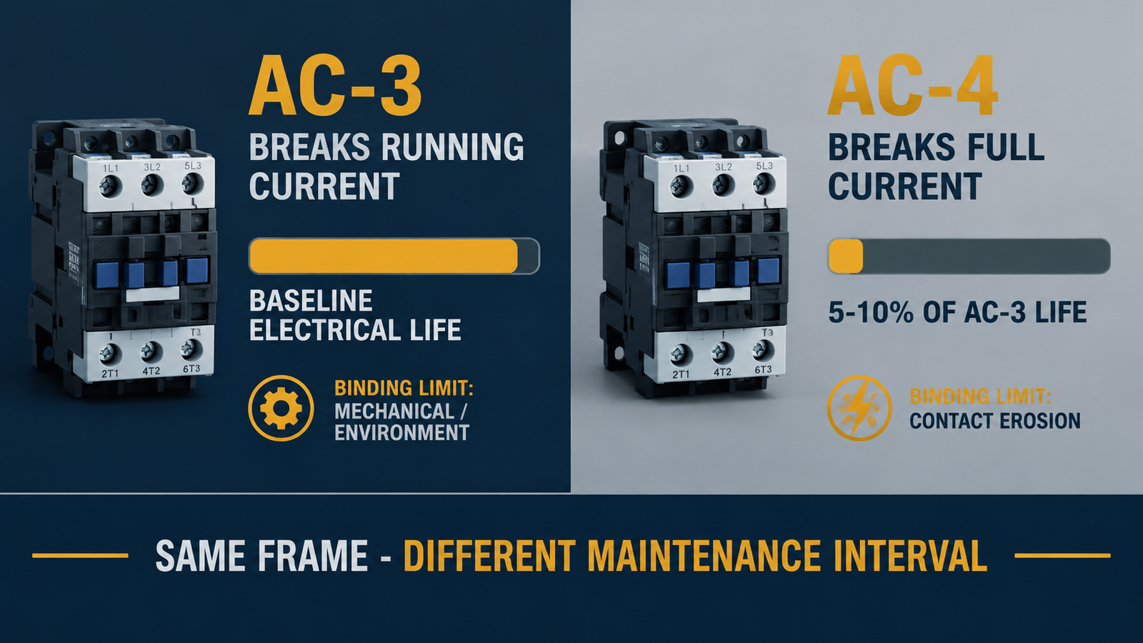 Chart comparing AC-3 and AC-4 electrical life budgets for the same contactor frame, showing AC-4 consuming roughly five to ten times more contact life per operation
