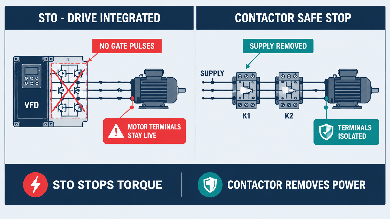 Comparison diagram of Safe Torque Off and contactor safe stop showing what each architecture removes and whether motor terminals remain live