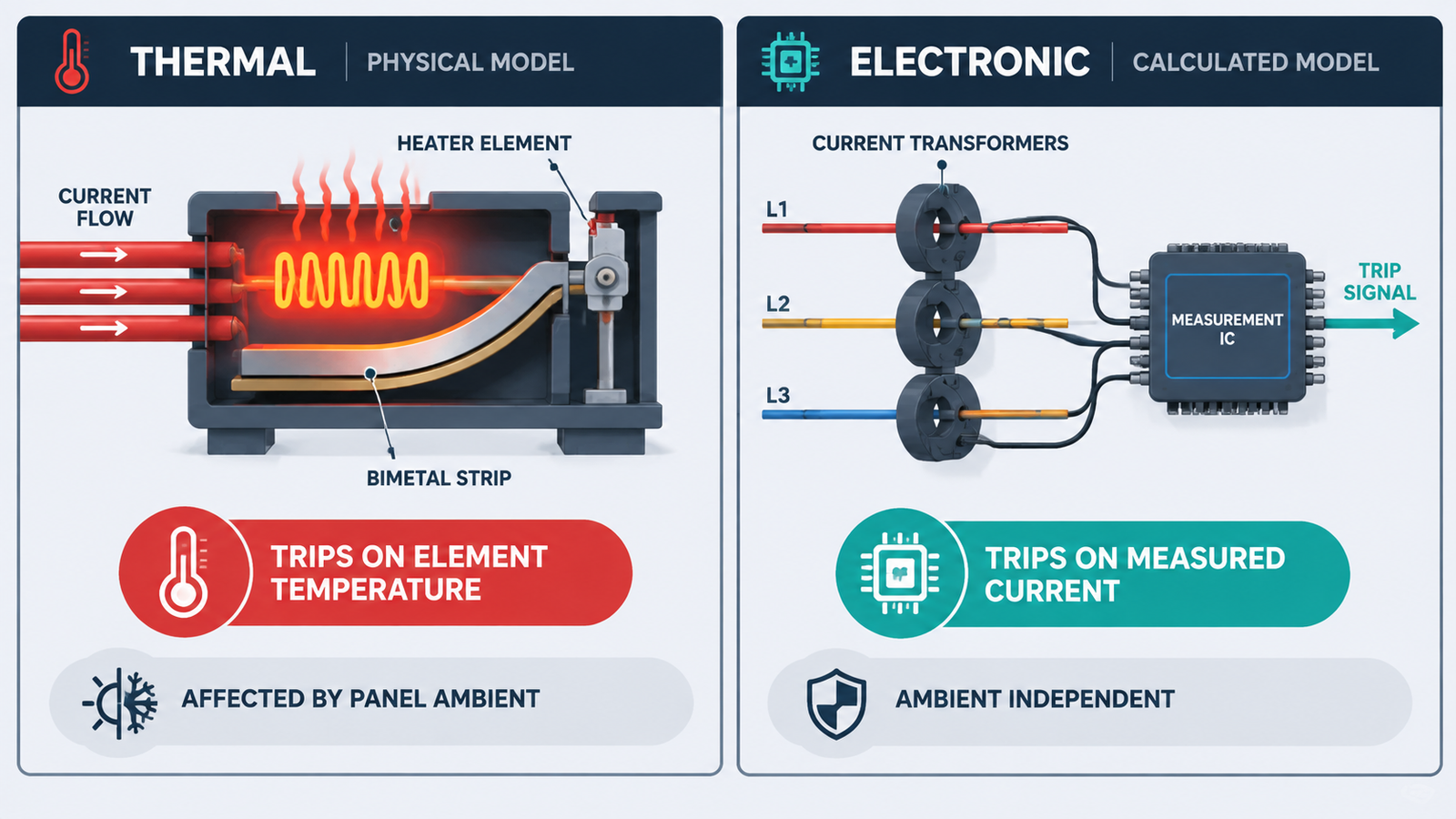 Comparison diagram of thermal and electronic overload relay sensing principles: bimetal heater strip versus current transformers with a measurement circuit