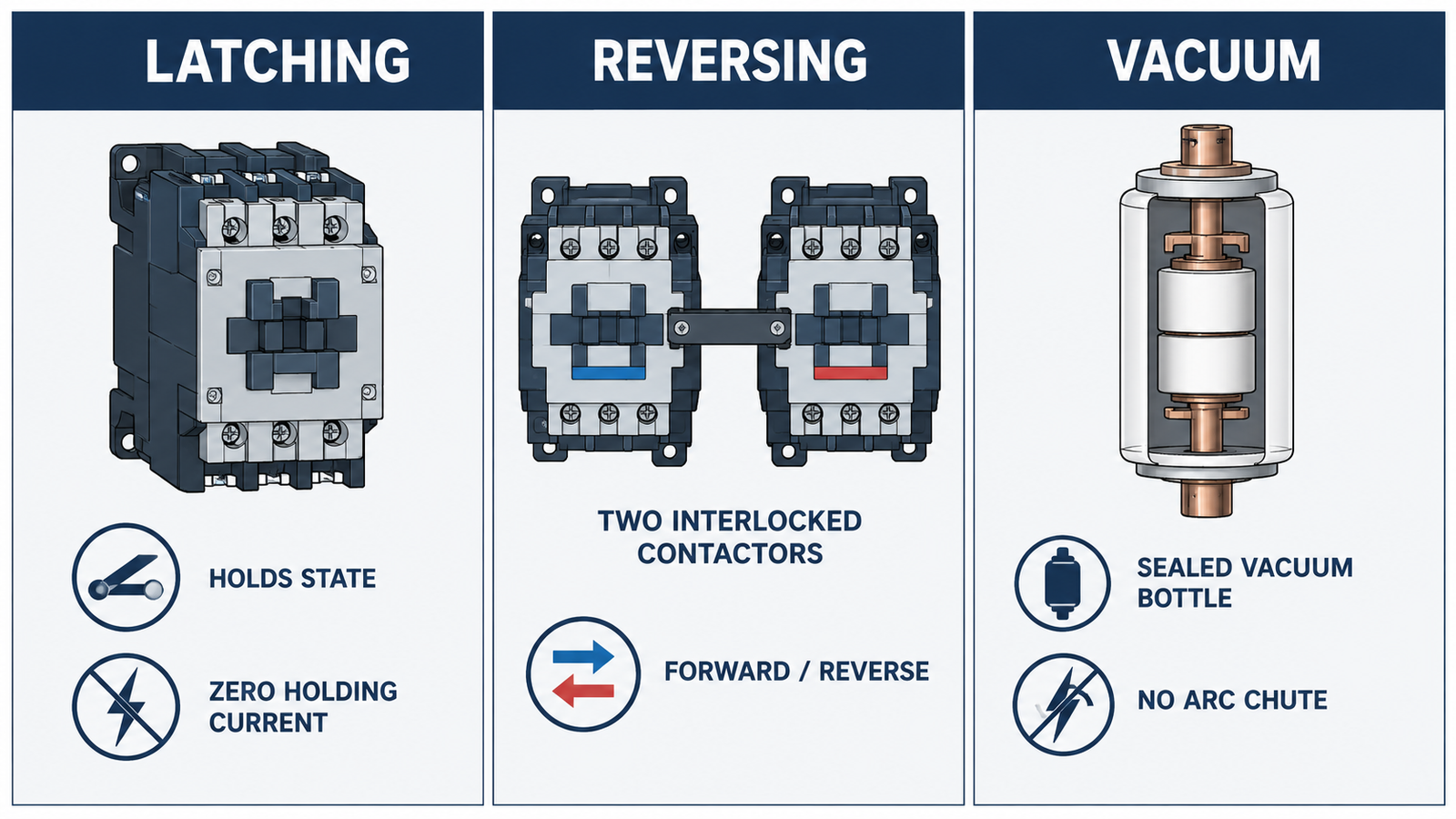 Comparison infographic of latching, reversing and vacuum contactor families: holding method, switching arrangement and arc medium