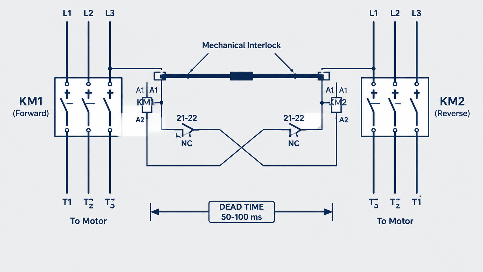Reversing contactor wiring diagram: two interlocked contactors with swapped phases, cross-wired NC auxiliary contacts and a 50 to 100 ms changeover dead time
