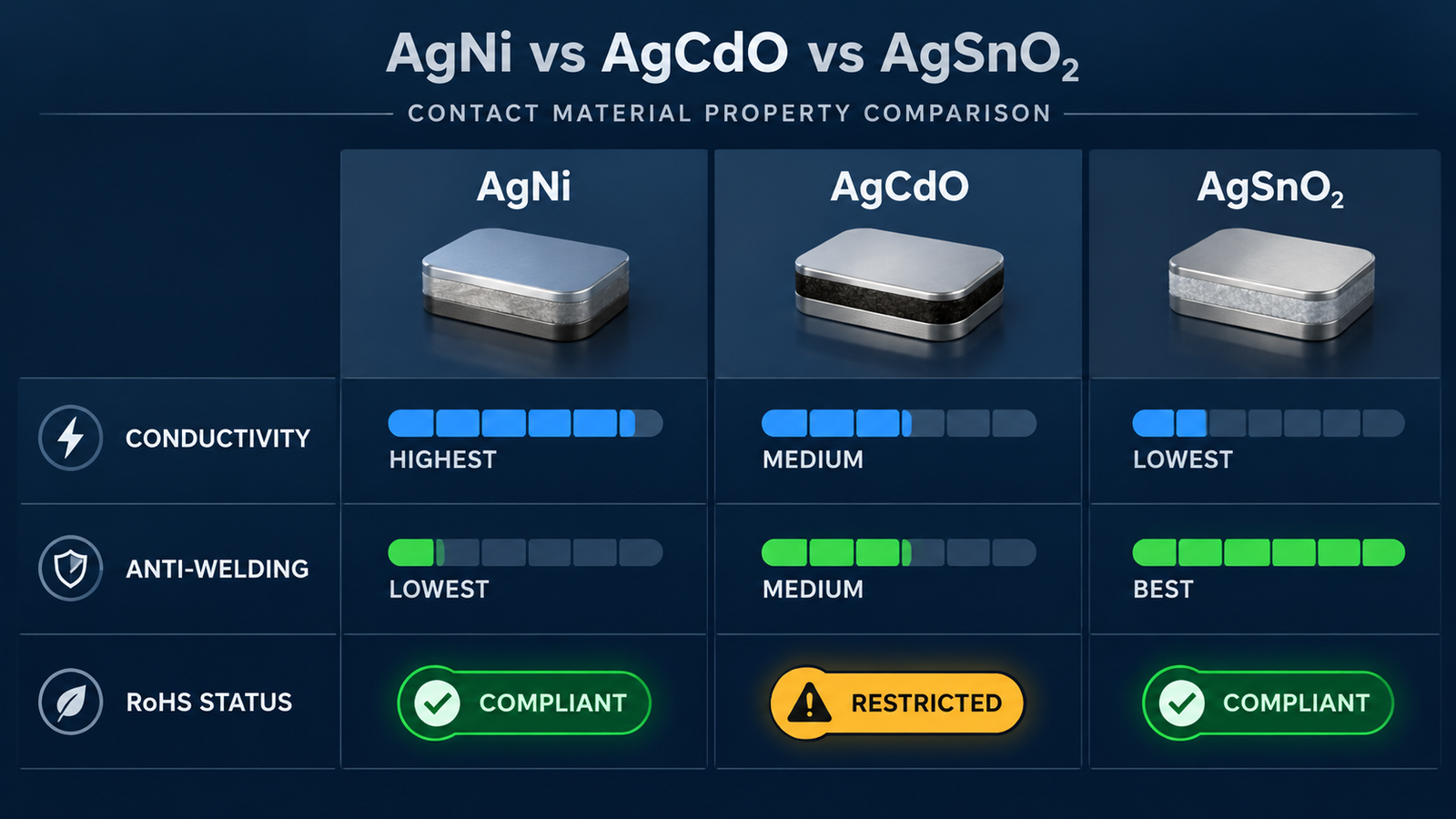 Property comparison of AgNi, AgCdO and AgSnO2 contact materials: conductivity, anti-welding and RoHS status
