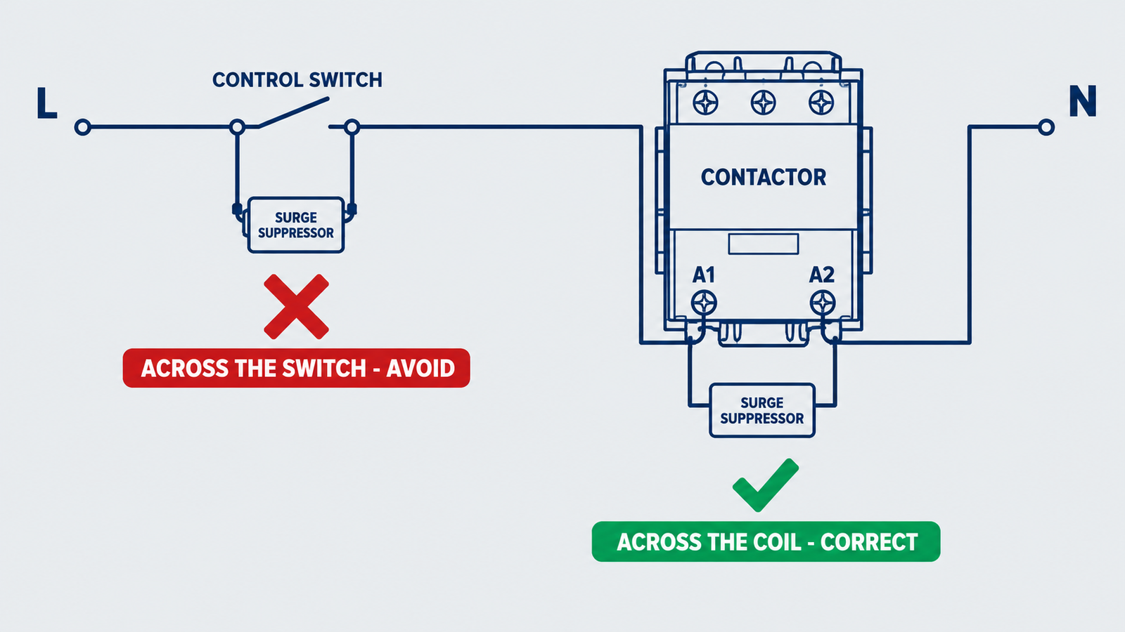 Surge suppressor wiring placement: connected across contactor coil terminals A1 and A2, not across the control switch