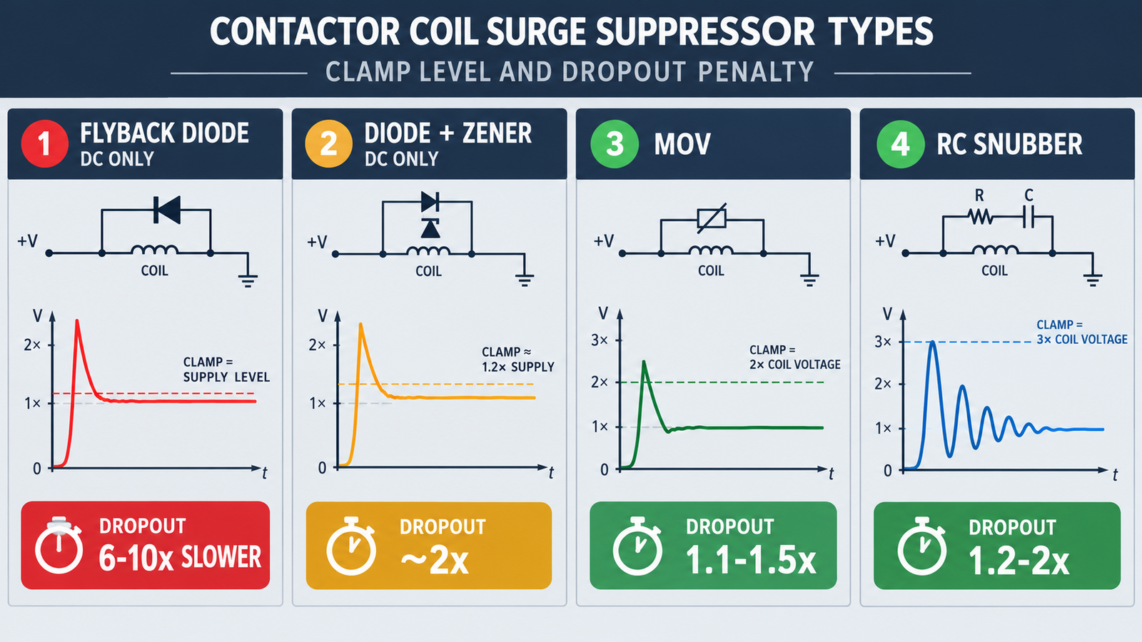 Comparison of four contactor coil surge suppressor types showing clamp voltage level and drop-out time penalty for flyback diode, diode plus Zener, MOV and RC snubber