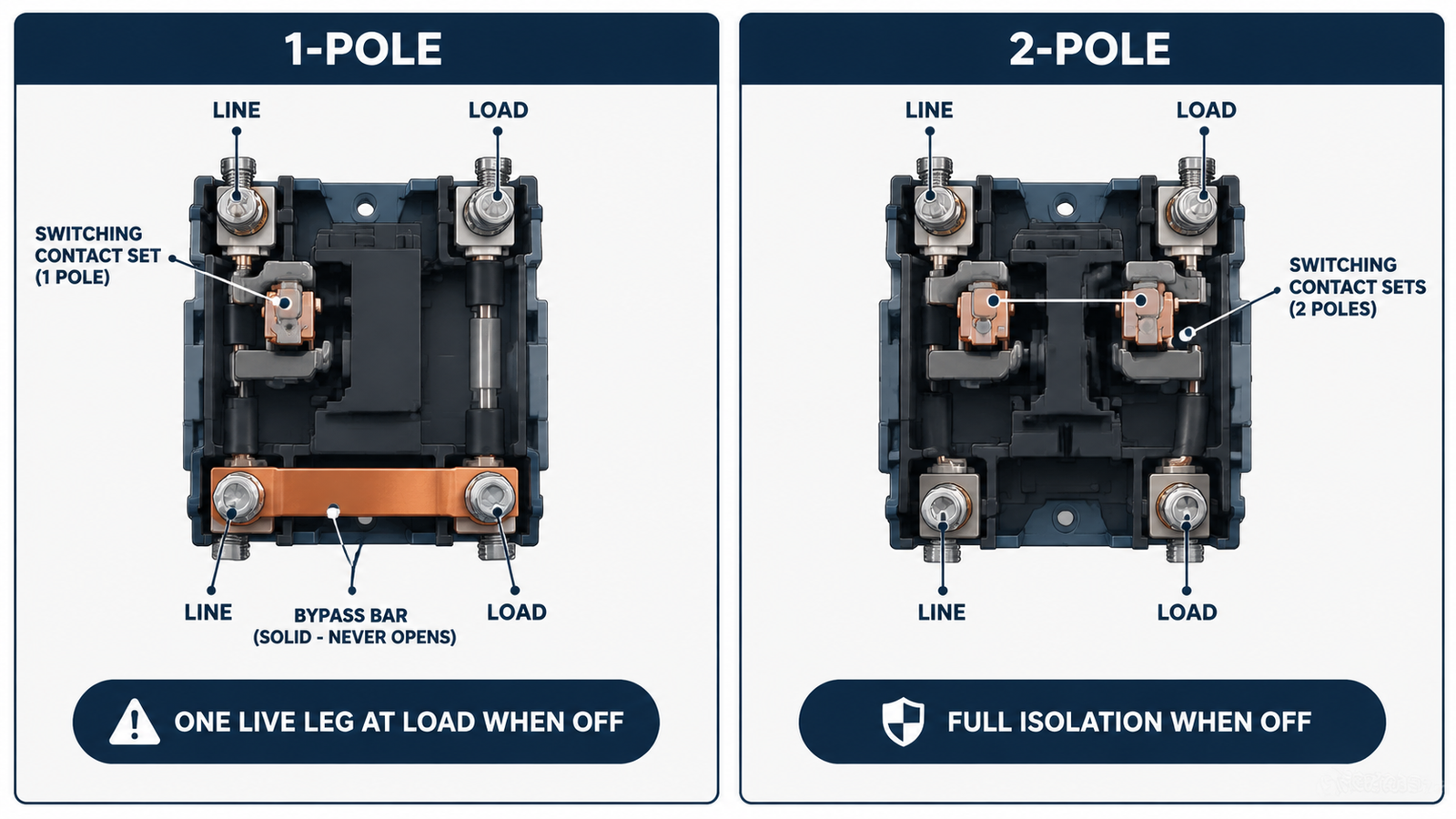 Construction comparison of a 1-pole HVAC contactor with solid bypass bar and a 2-pole contactor with two switching contact sets