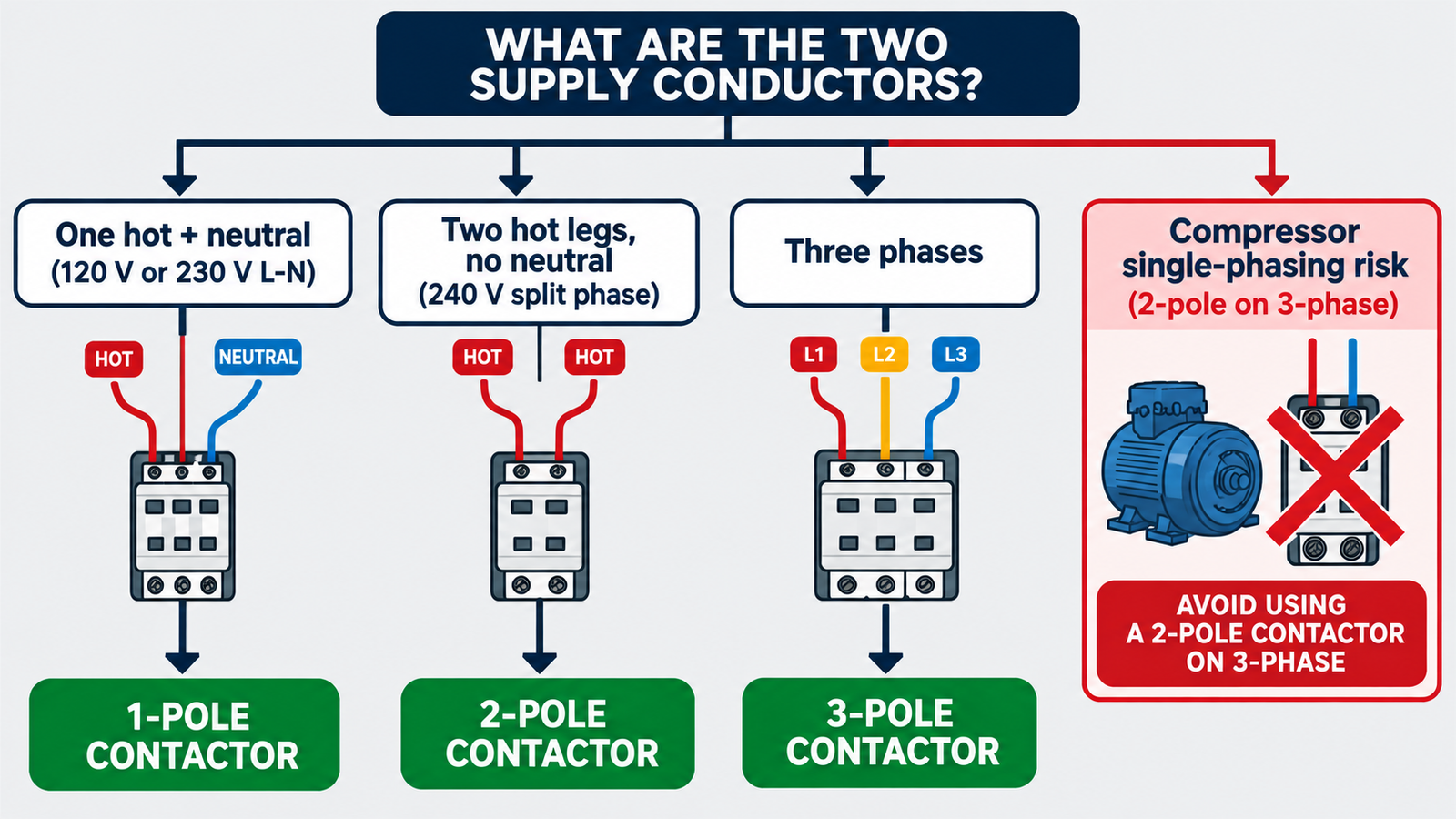 Decision diagram matching contactor pole count to the wiring system: 120 or 230 volt line-neutral uses 1-pole, 240 volt split-phase uses 2-pole, three-phase uses 3-pole